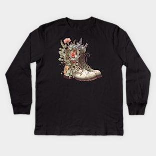 Flowers Growing From Combat Boots Kids Long Sleeve T-Shirt